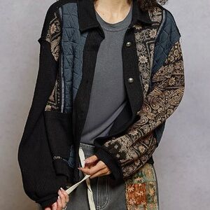 POL Mixed-Patch Utility Jacket in Black, Gray and Brown Paisley